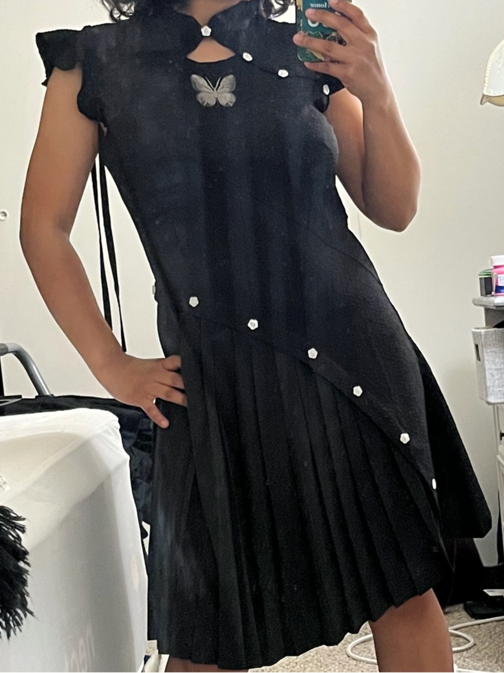 Black Butterfly Accent Pleated Women's Dress